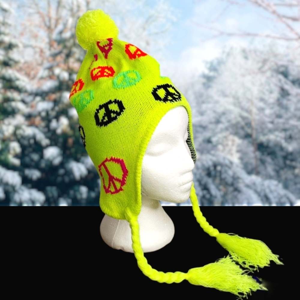 GROOVY GLAM Yellow Peace Sign Knit Ski Cap Chullo Hat